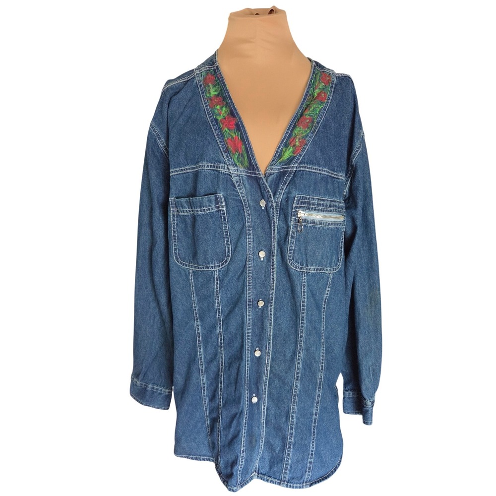 OOAK Vintage Hand Painted Floral Denim Shirt 90s Wearable Art Plus 22/24
